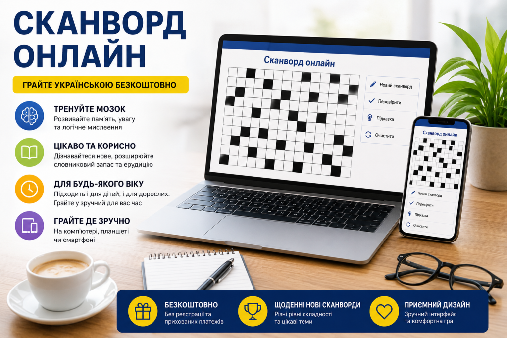 Реклама онлайн-сканворду українською мовою на ноутбуці та смартфоні