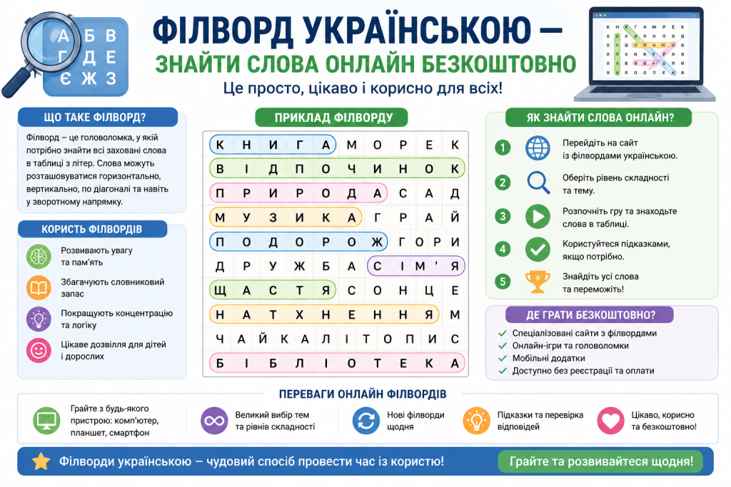 Інфографіка про філворди українською мовою: приклад таблиці з захованими словами, користь для розвитку пам'яті та уваги, 5 кроків для гри онлайн та переваги онлайн-філвордів