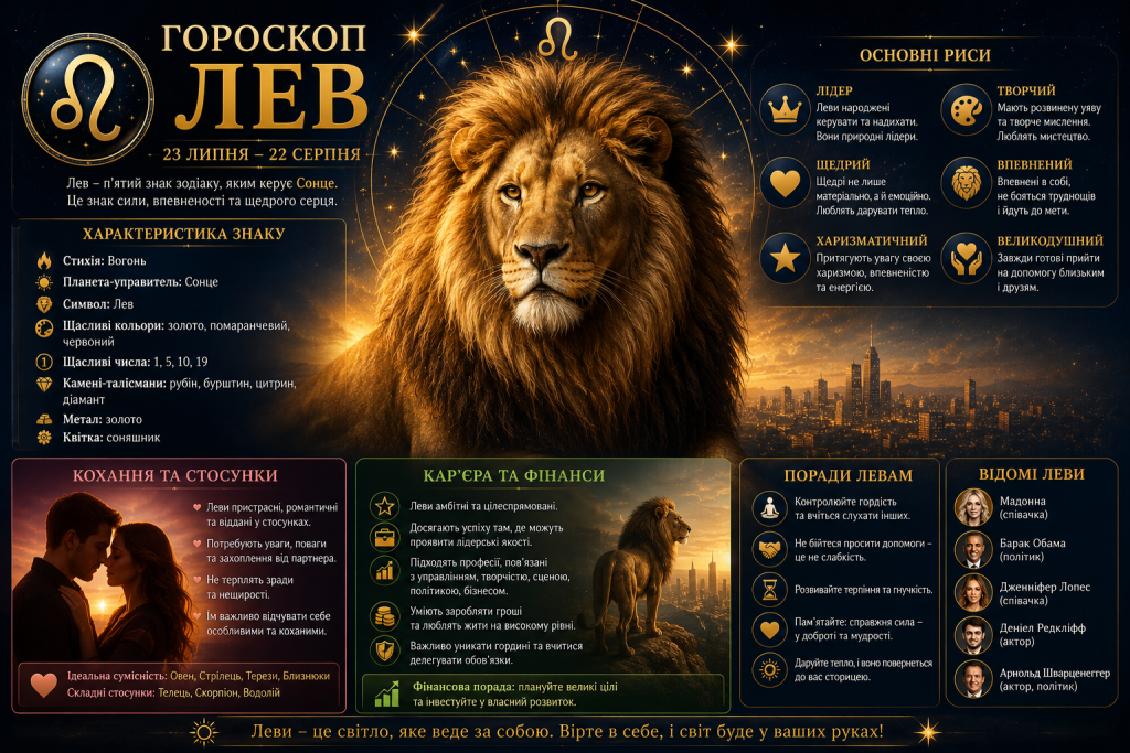 Інфографіка з характеристикою знаку зодіаку Лев — риси, кар'єра, стосунки
