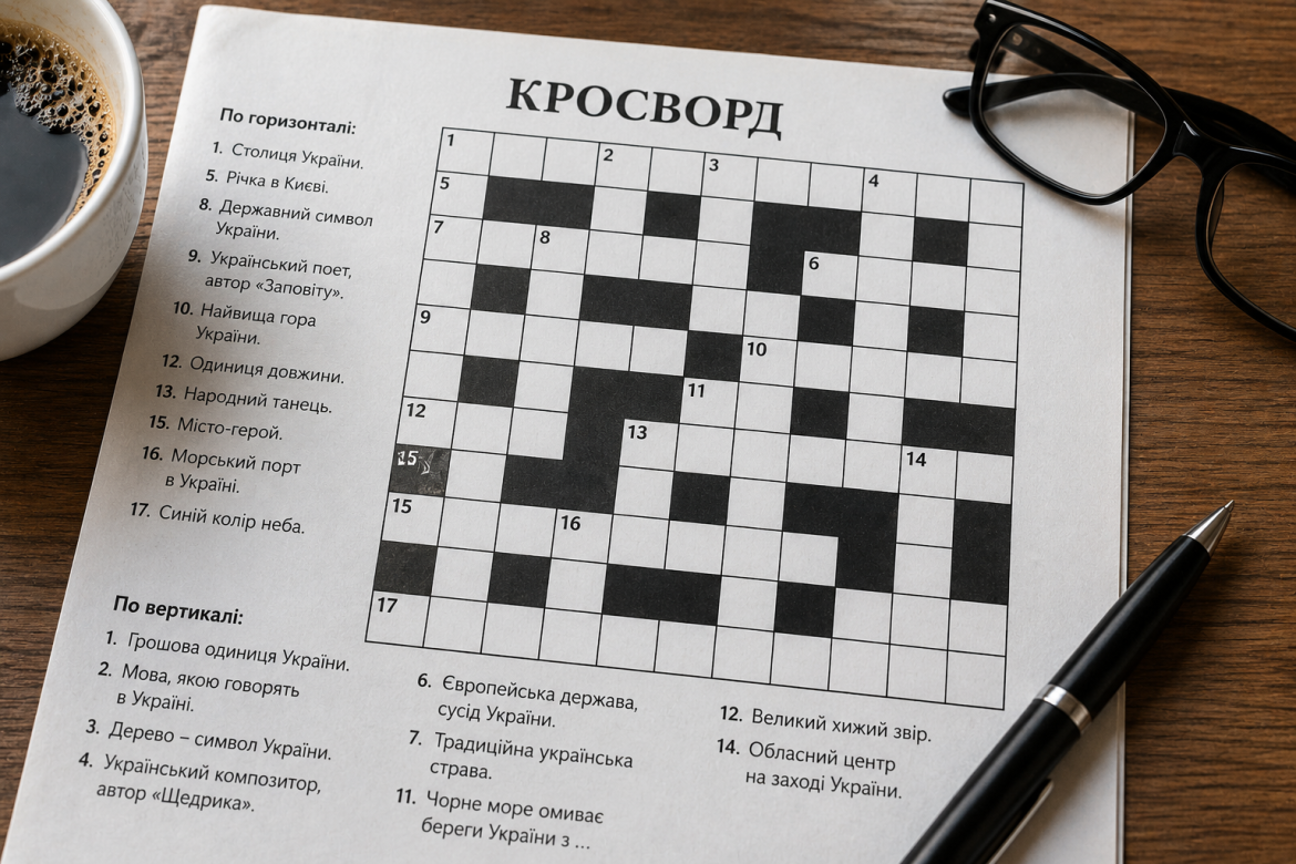 Друкований кросворд із підказками українською мовою поруч із кавою та окулярами