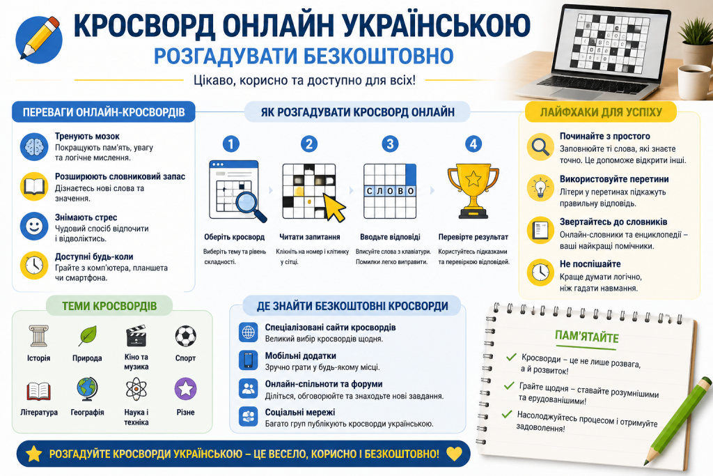 Інфографіка про переваги та способи розгадування онлайн-кросворду українською