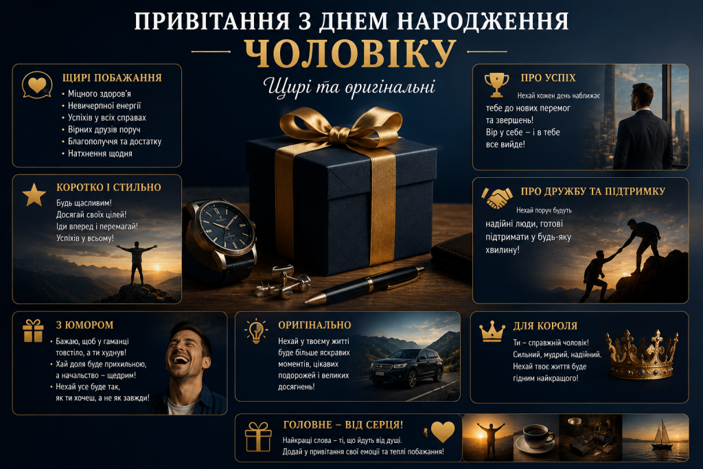 Інфографіка з добірками привітань та побажань на день народження чоловіку