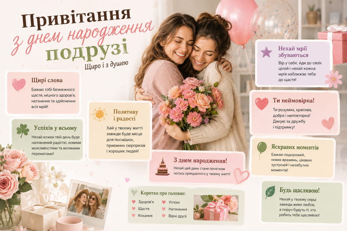 Інфографіка з теплими привітаннями та побажаннями з днем народження для подруги