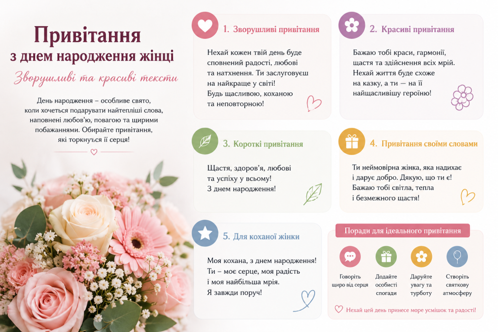 Інфографіка з добіркою привітань на день народження жінці різних стилів