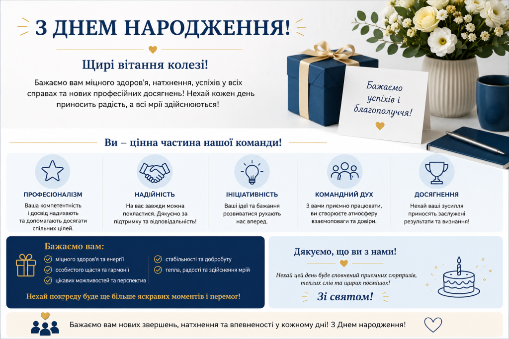 Святкова листівка з привітанням колеги з днем народження: побажання здоров'я та успіхів, опис якостей співробітника та перелік побажань на тлі фото подарунка та квітів