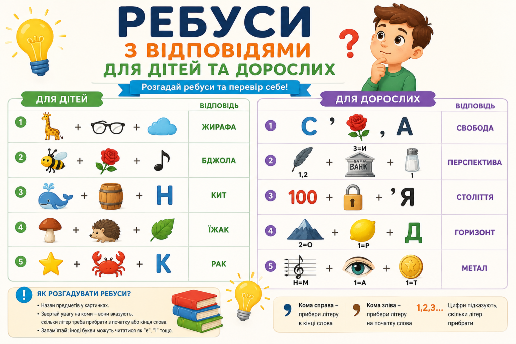 Інфографіка з ребусами різної складності для дітей та дорослих з відповідями та правилами розгадування