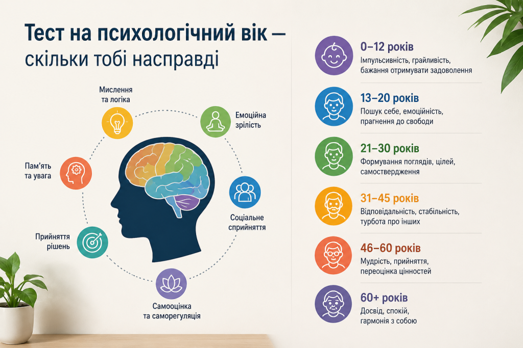 Інфографіка з тестом на визначення психологічного віку людини
