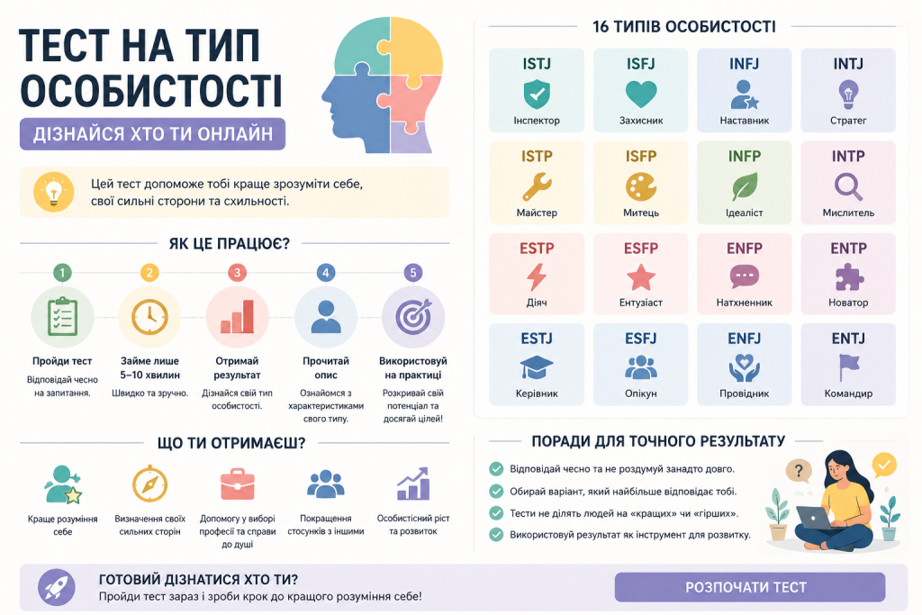 Інфографіка про тест на тип особистості з 16 типами за MBTI