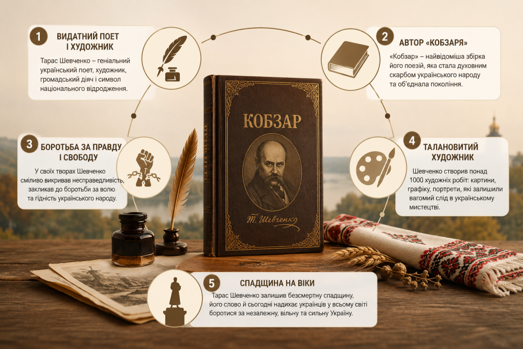 Інфографіка з п'ятьма ключовими фактами про Тараса Шевченка та «Кобзар»