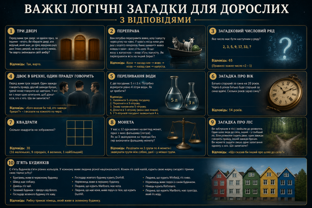 Інфографіка з десятьма складними логічними загадками для дорослих та відповідями