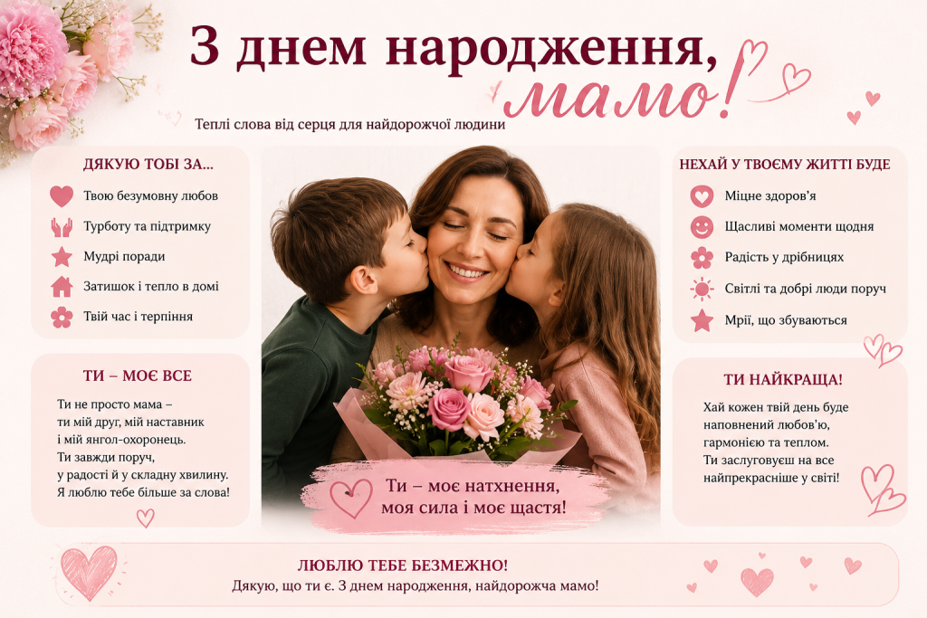 Листівка з привітанням мами з днем народження з побажаннями та віршем