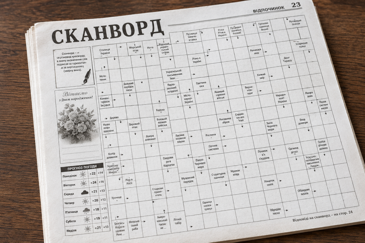 Друкований сканворд на сторінці газети з підказками українською