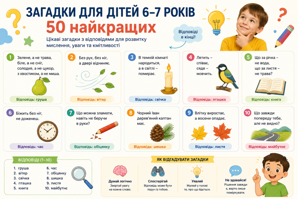 Інфографіка з десятьма загадками для дітей 6–7 років з відповідями та ілюстраціями