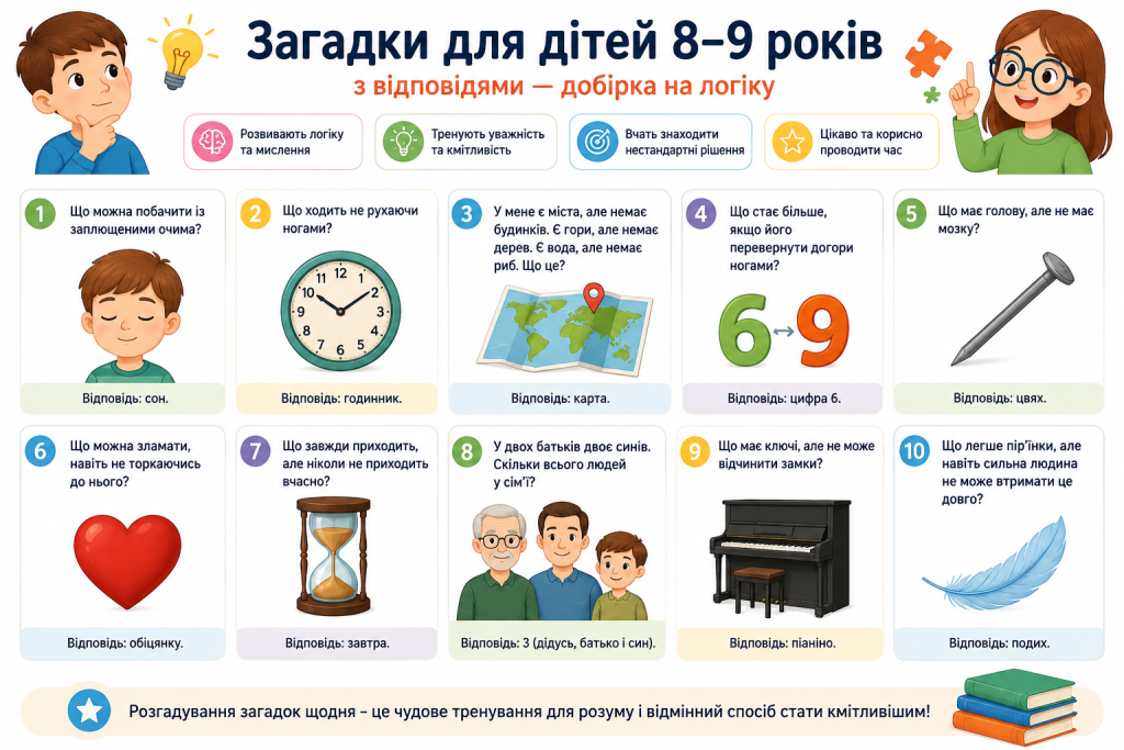 Інфографіка з десятьма загадками на логіку для дітей 8–9 років з відповідями