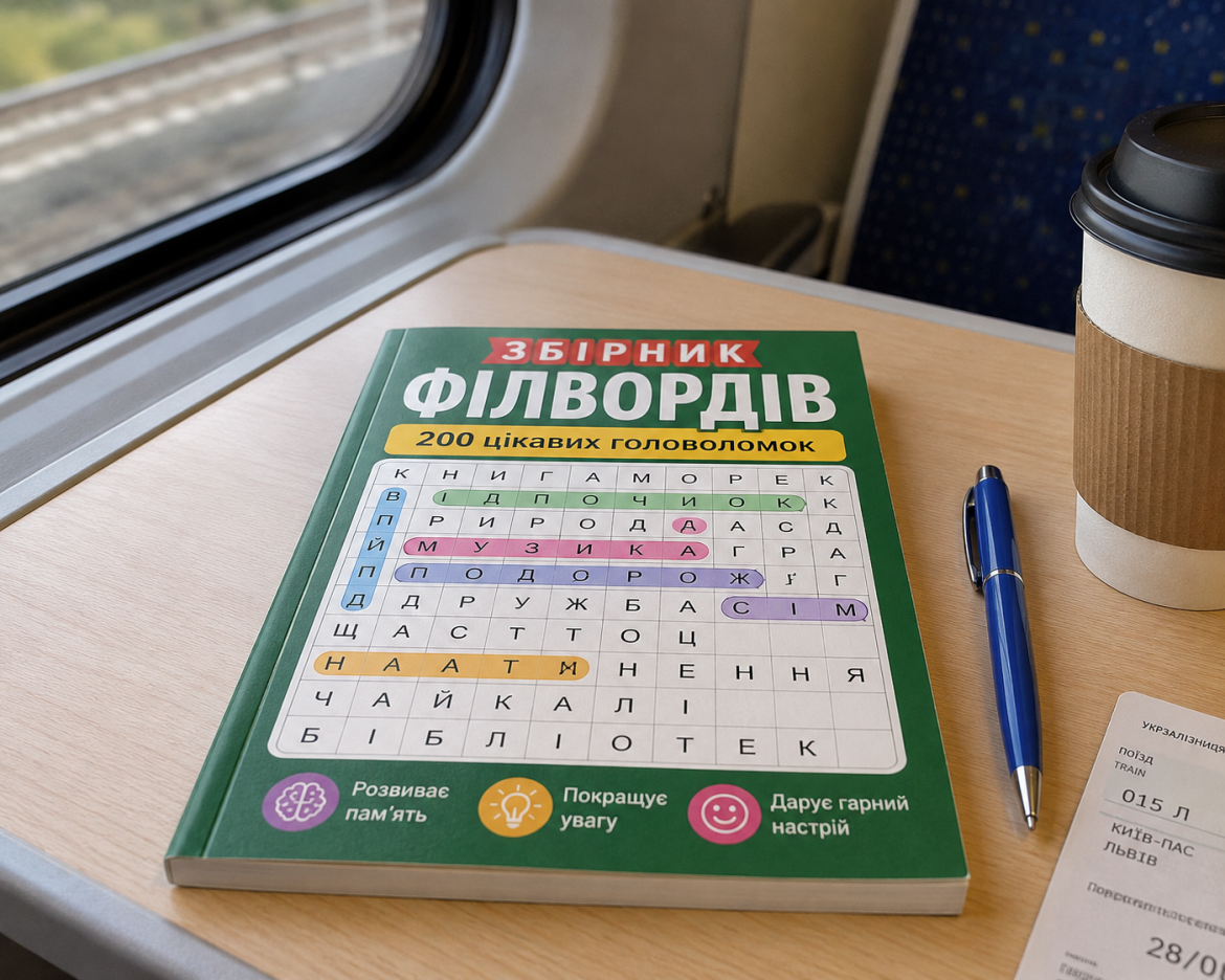 Зелена книга «Збірник філвордів — 200 цікавих головоломок» лежить на столику в поїзді Укрзалізниці поряд із ручкою, кавою та квитком маршруту Київ–Львів