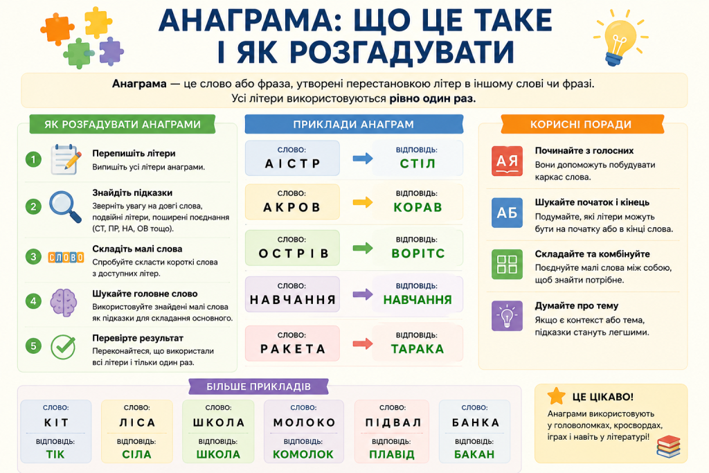 Інфографіка з поясненням анаграм, прикладами слів та порадами щодо їх розгадування