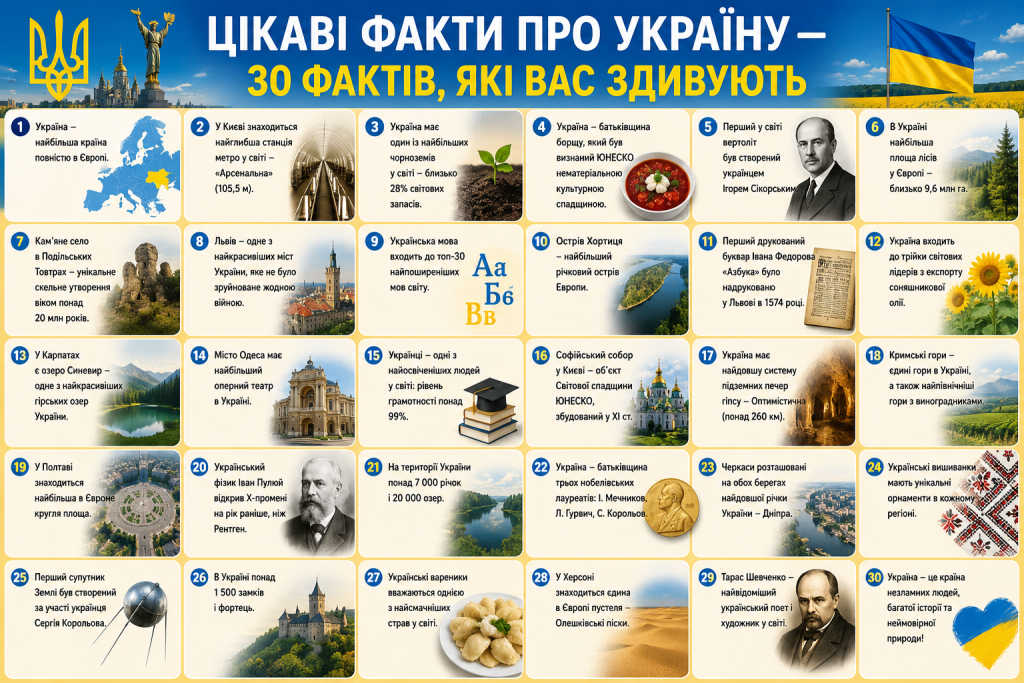 Інфографіка з 30 цікавими фактами про історію, природу та культуру України