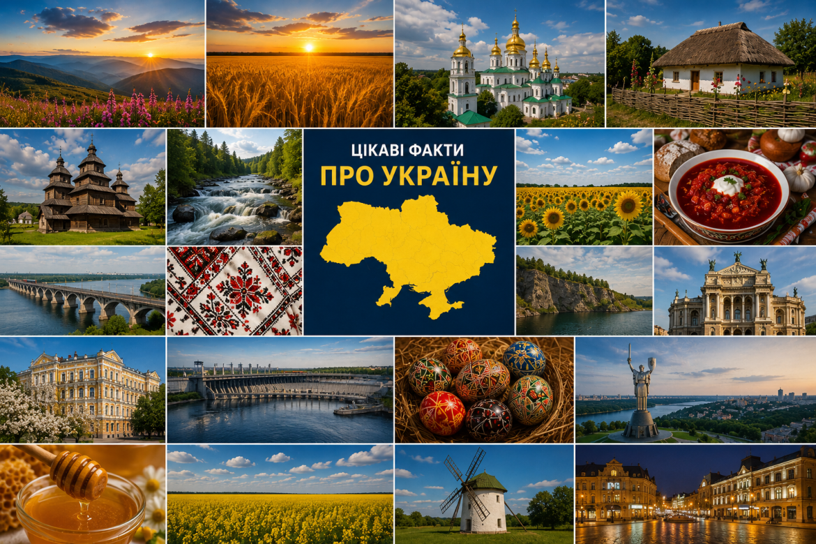 Колаж фотографій з видами природи, архітектури та культурних символів України