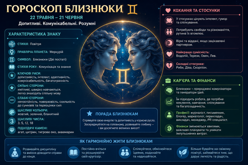 Інфографіка з характеристикою знаку зодіаку Близнюки, коханням, кар'єрою та фінансами