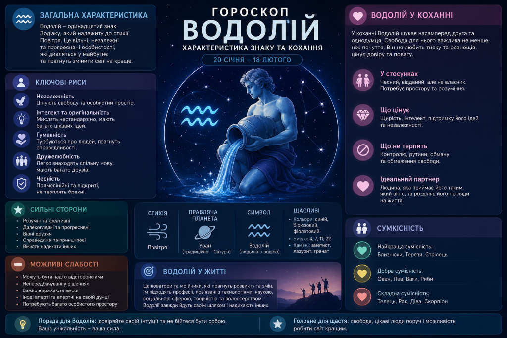 Інфографіка про знак зодіаку Водолій із характеристикою, сильними сторонами, сумісністю, коханням і головними рисами характеру.