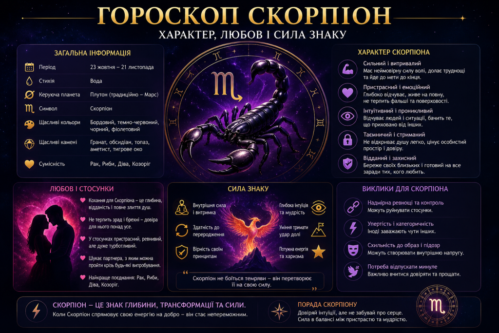 Інфографіка про знак зодіаку Скорпіон з характеристиками, сумісністю, стосунками та викликами