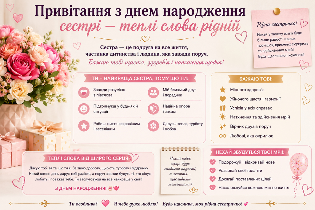 Святкова листівка з привітанням сестрі до дня народження