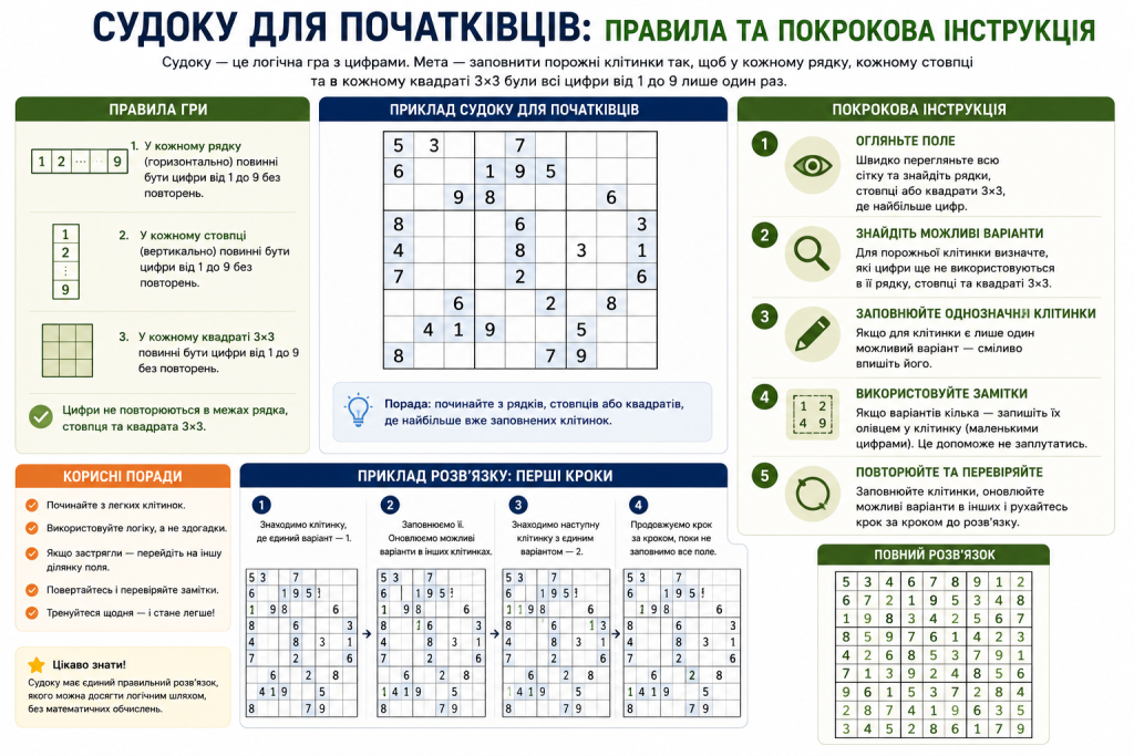 Інфографіка з правилами гри в судоку та прикладами розв'язання