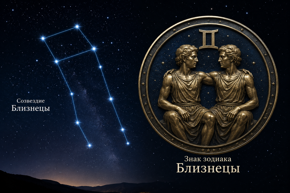 Зображення сузір'я Близнюків на нічному небі та символ знаку зодіаку Близнюки