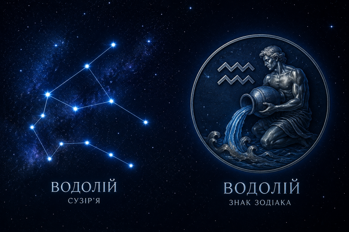 Ілюстрація сузір’я Водолія та символу знака зодіаку на тлі зоряного неба.