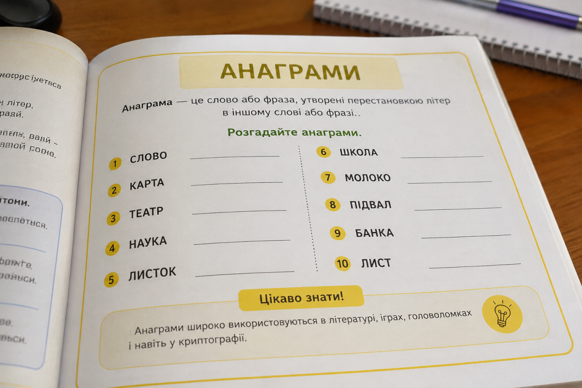 Сторінка робочого зошита із завданням розгадати анаграми українських слів