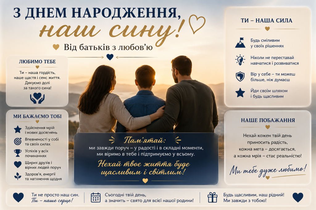 Листівка-привітання з побажаннями синові від батьків з фото родини на заході сонця