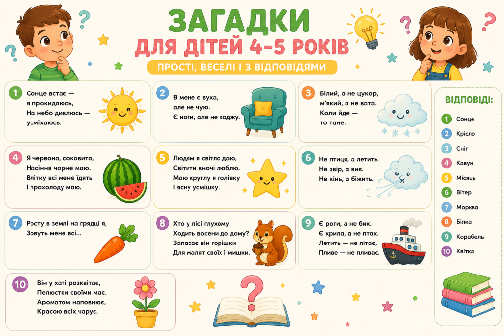 Інфографіка з простими веселими загадками для дітей 4-5 років та відповідями
