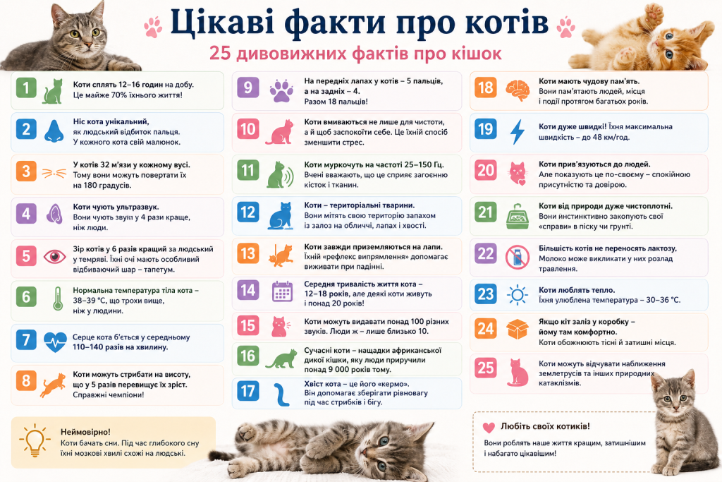Інфографіка з 25 цікавими фактами про котів, їхню поведінку, особливості організму та звички.