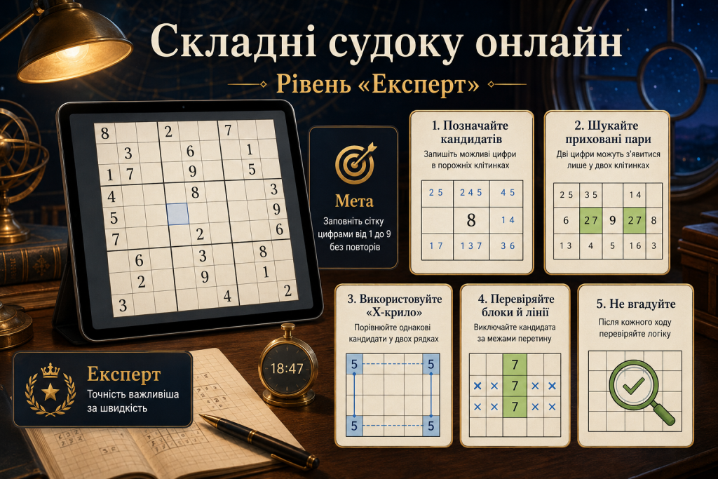 Інфографіка з порадами та логічними прийомами для розв’язування складних судоку рівня Експерт