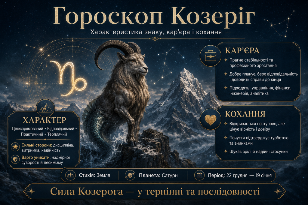 Інфографіка про знак зодіаку Козеріг, його характер, кар’єру, кохання, стихію та планету