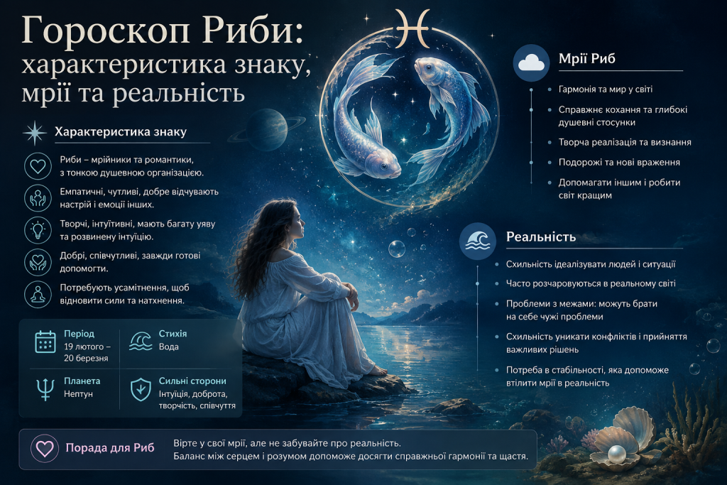 Інфографіка про знак зодіаку Риби з характеристикою, сильними сторонами, мріями та особливостями характеру.