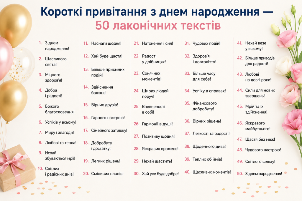 Інфографіка з 50 короткими привітаннями з днем народження українською мовою, оформлена з повітряними кульками, квітами та подарунком.