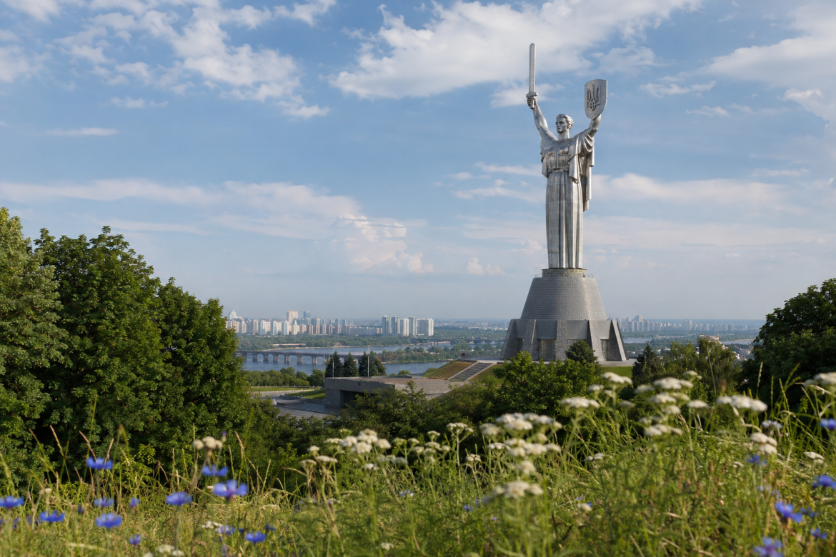 Панорамний вид на монумент Батьківщина-Мати, Дніпро та міську забудову Києва