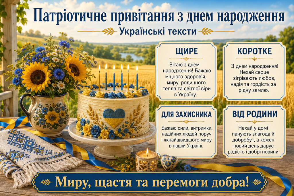 Патріотичне привітання з днем народження з українськими побажаннями, тортом, квітами та синьо-жовтим декором