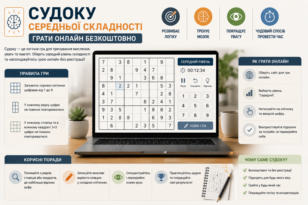 Інфографіка про судоку середньої складності з прикладом ігрового поля, правилами розв’язання та корисними порадами.
