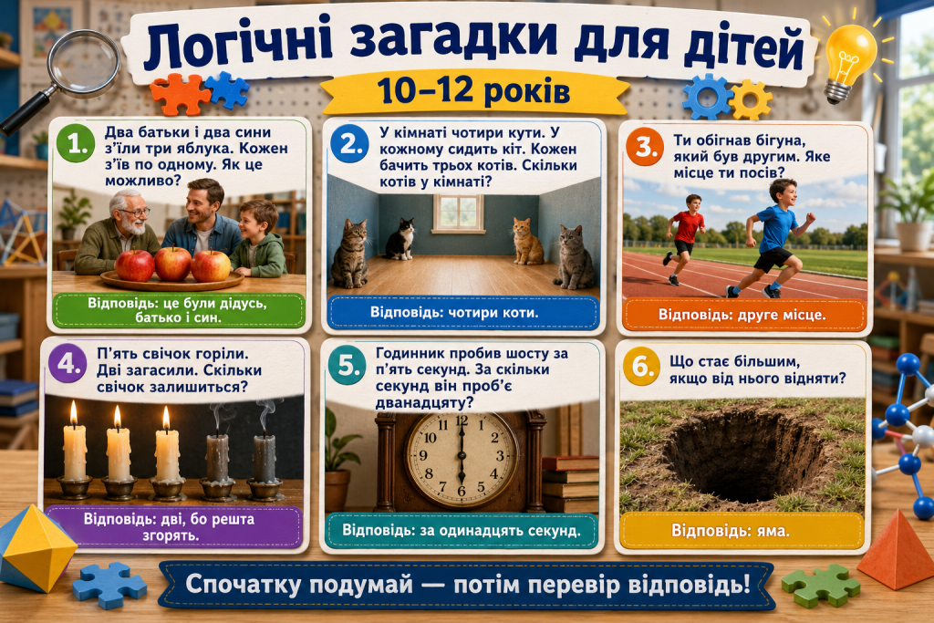 Яскрава інфографіка з логічними загадками та відповідями для дітей віком від 10 до 12 років