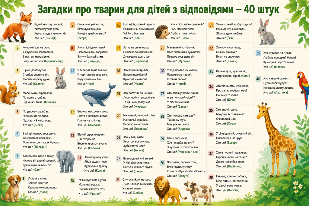 Інфографіка з 40 загадками про тварин для дітей та відповідями, доповнена ілюстраціями лисиці, зайця, слона, жирафа та інших тварин.