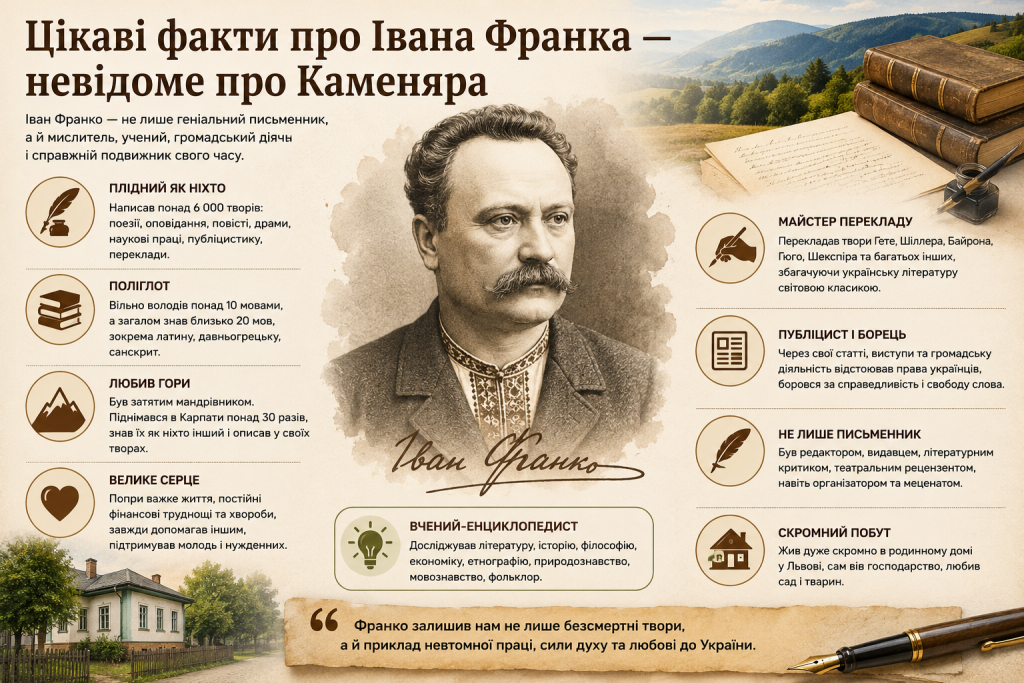 Інфографіка з цікавими фактами про Івана Франка, його життя, творчість, освіту та громадську діяльність.