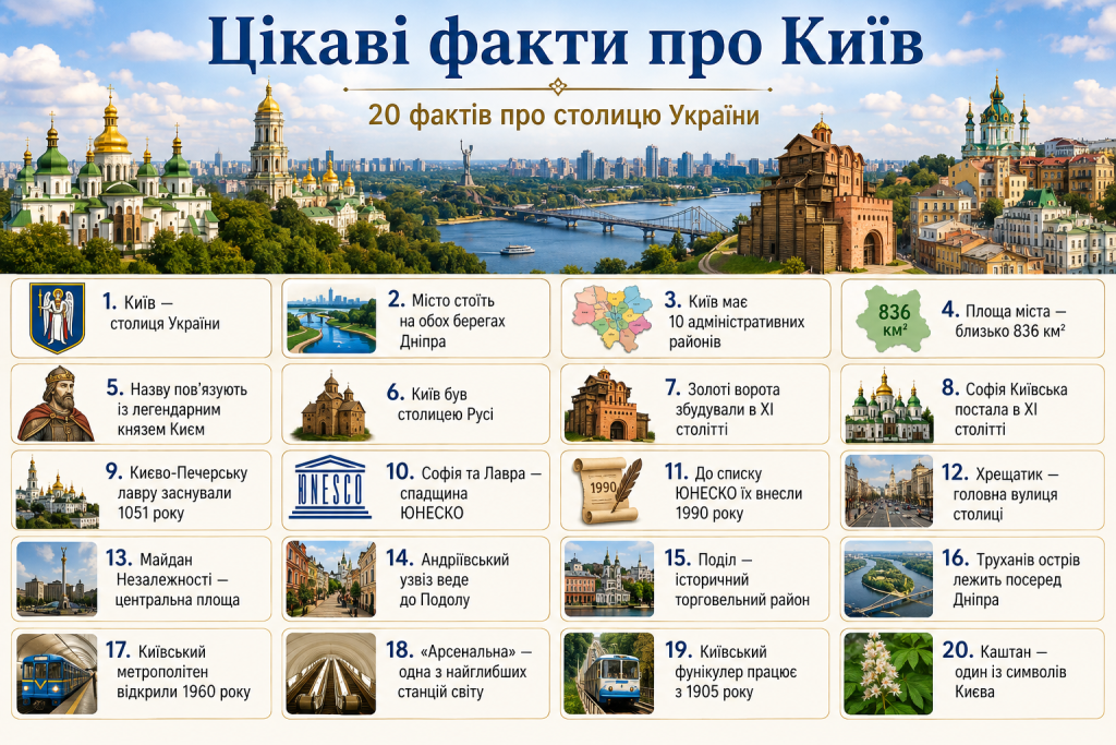 Інфографіка з двадцятьма цікавими фактами про Київ, його історію, пам’ятки та символи
