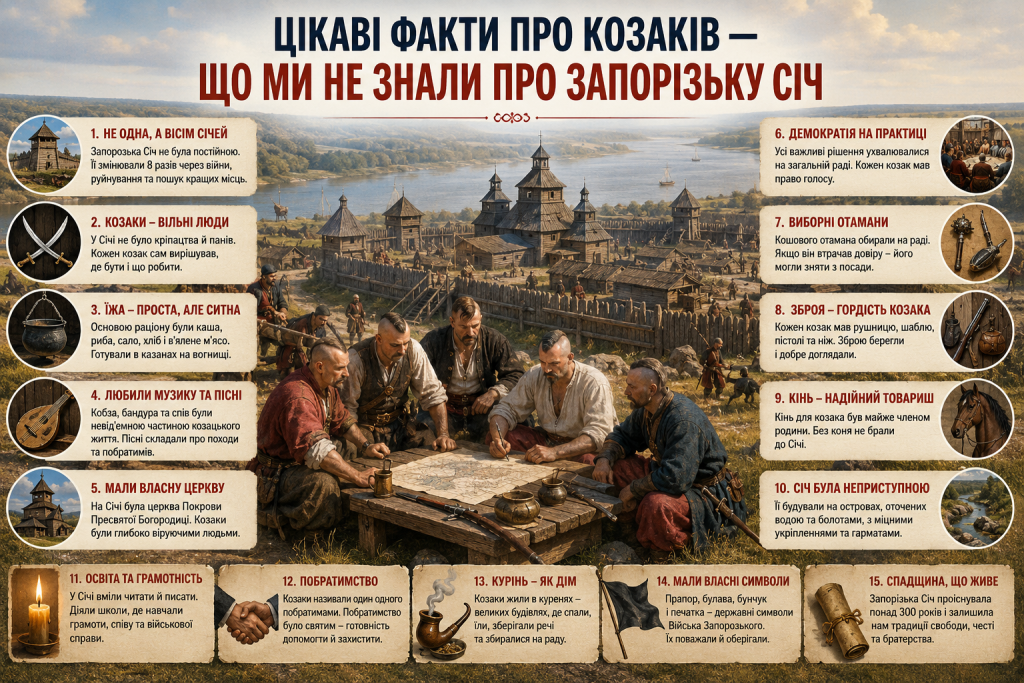 Інфографіка з цікавими фактами про українських козаків, побут, традиції та життя Запорізької Січі