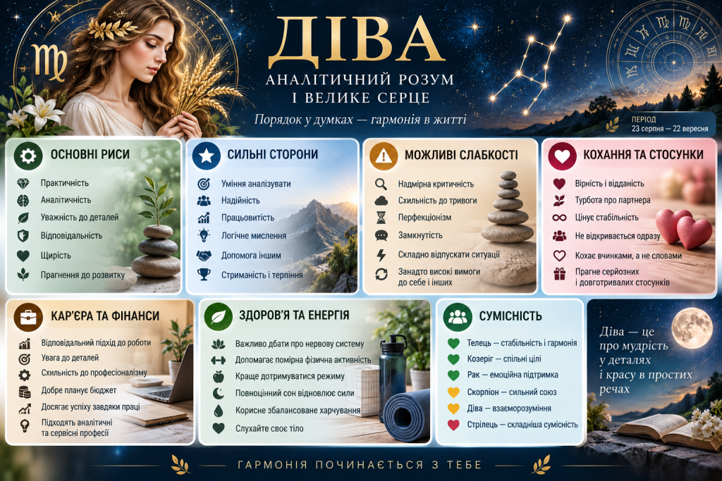 Інфографіка про знак зодіаку Діва з рисами характеру, сильними сторонами, стосунками, кар’єрою та сумісністю