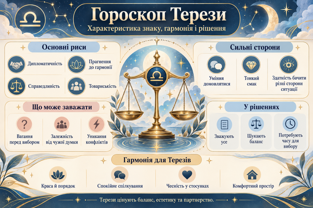 Астрологічна інфографіка про знак зодіаку Терези з описом основних рис характеру, сильних сторін, особливостей поведінки та ухвалення рішень.