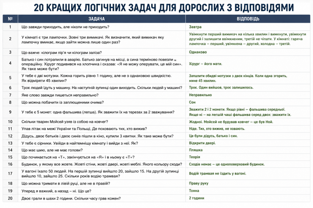 Таблиця з 20 логічними задачами для дорослих та правильними відповідями для тренування мислення