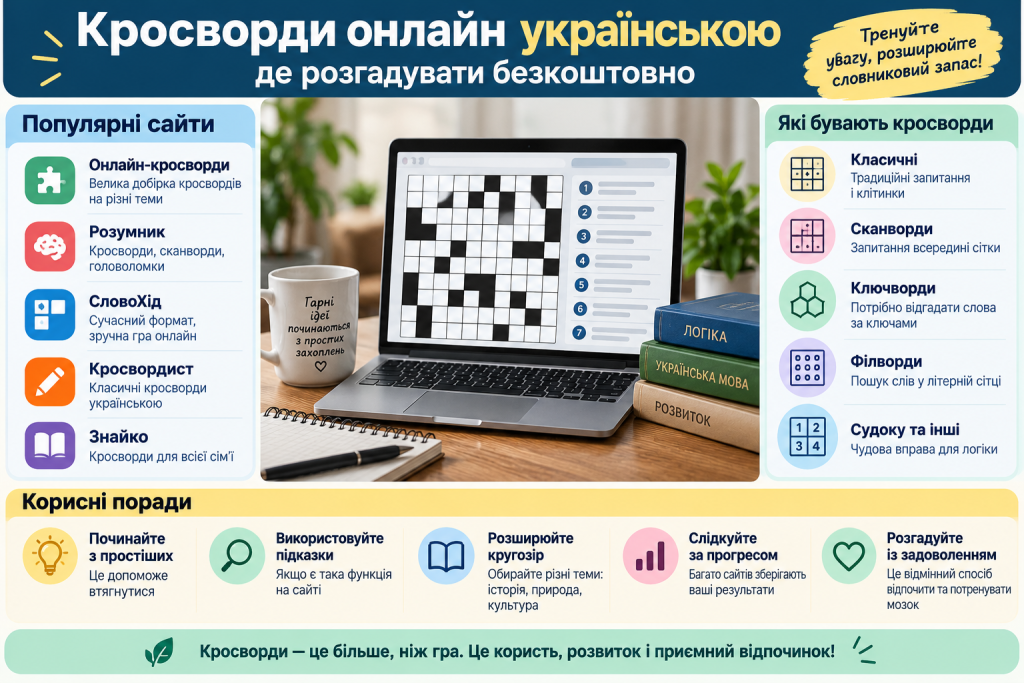 Інфографіка про безкоштовні кросворди онлайн українською мовою, популярні сайти та види головоломок.