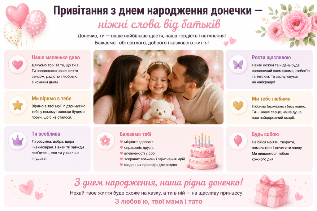 Святкова листівка з ніжними привітаннями донечці з днем народження від мами й тата